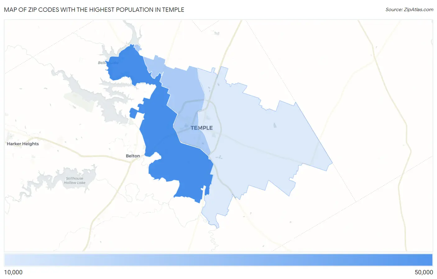 Zip Codes with the Highest Population in Temple Map