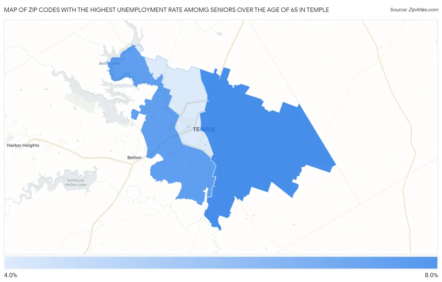 Zip Codes with the Highest Unemployment Rate Amomg Seniors Over the Age of 65 in Temple Map