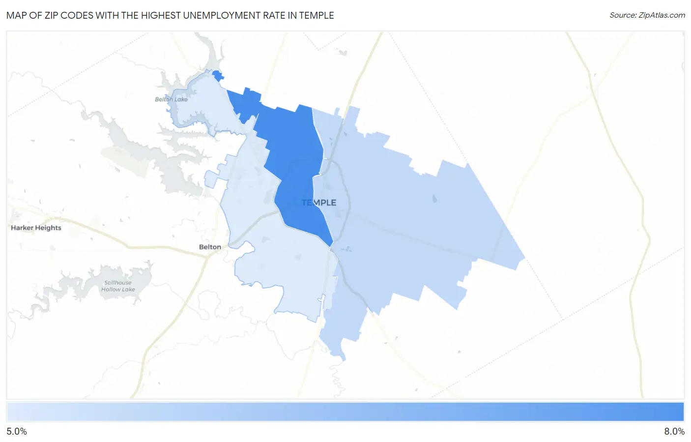 Zip Codes with the Highest Unemployment Rate in Temple Map