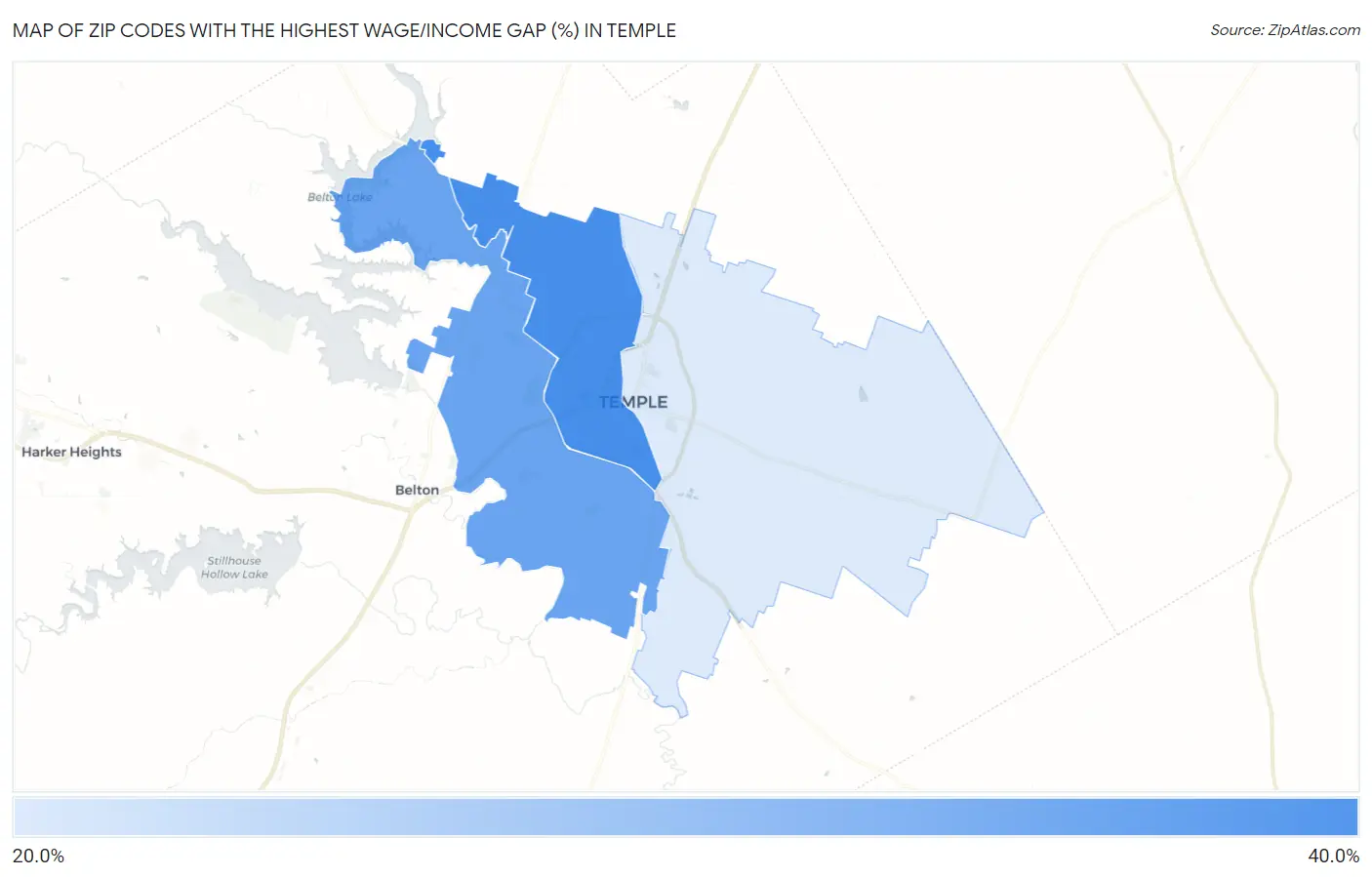 Zip Codes with the Highest Wage/Income Gap (%) in Temple Map