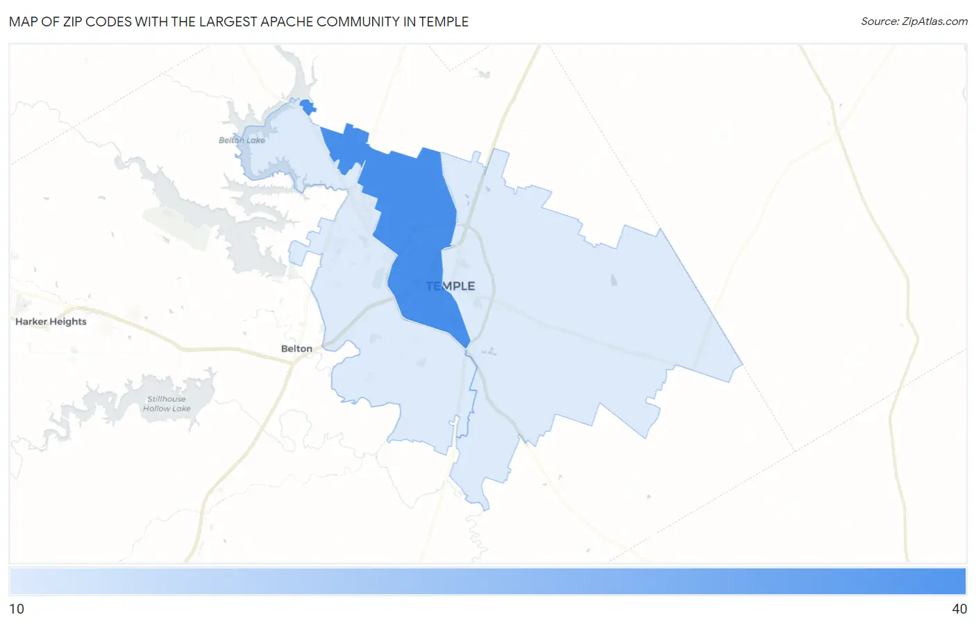 Zip Codes with the Largest Apache Community in Temple Map
