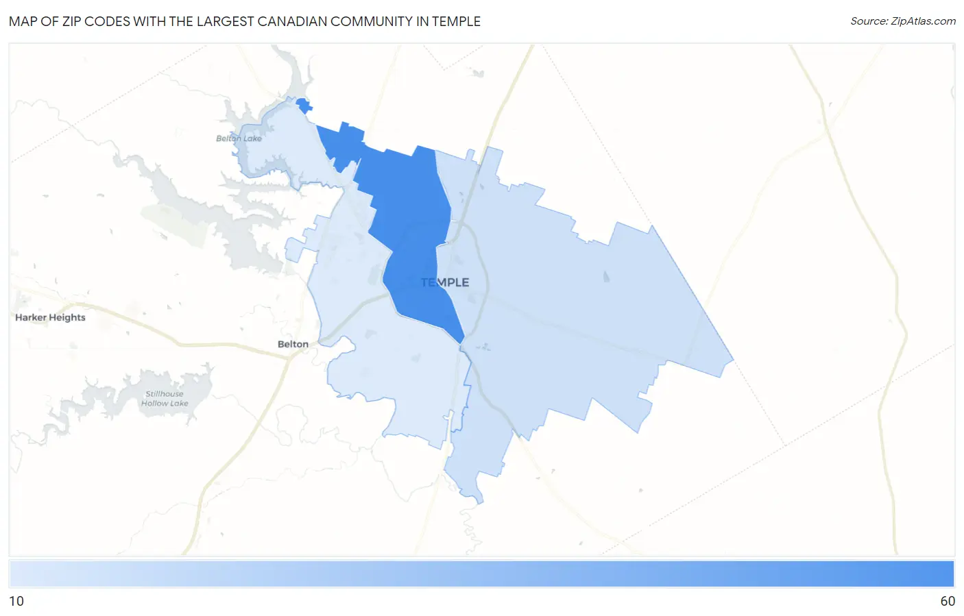 Zip Codes with the Largest Canadian Community in Temple Map
