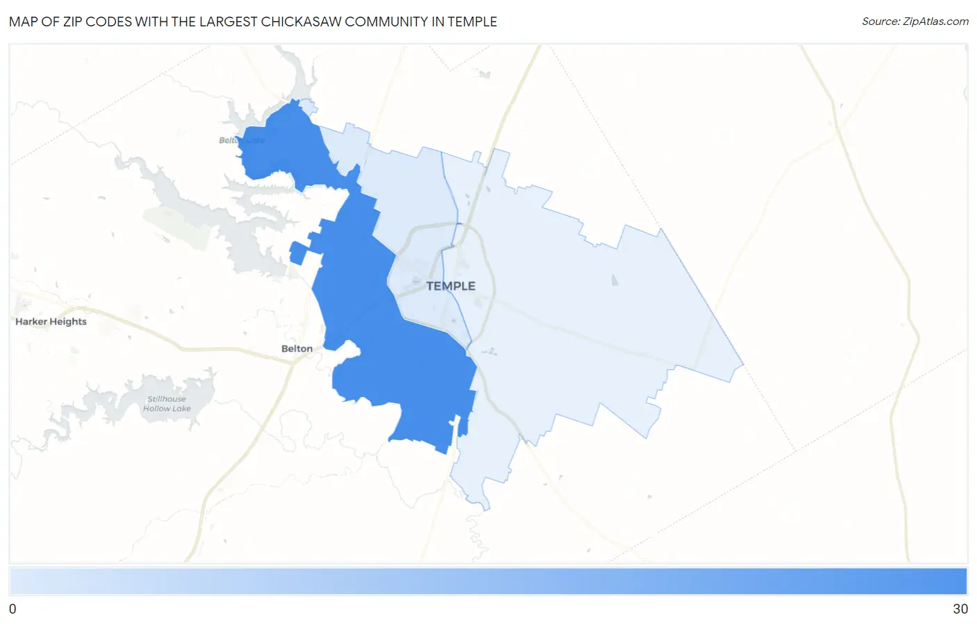 Zip Codes with the Largest Chickasaw Community in Temple Map