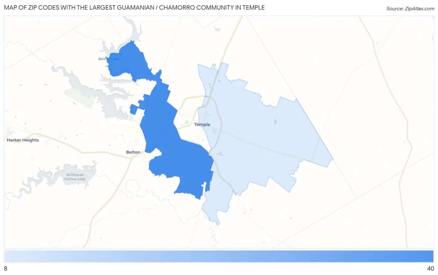 Zip Codes with the Largest Guamanian / Chamorro Community in Temple Map