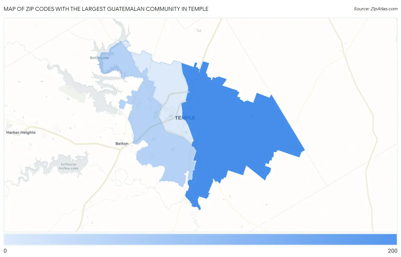 Zip Codes with the Largest Guatemalan Community in Temple Map