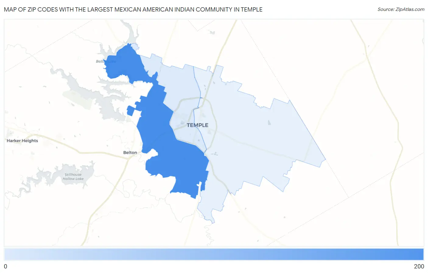 Zip Codes with the Largest Mexican American Indian Community in Temple Map