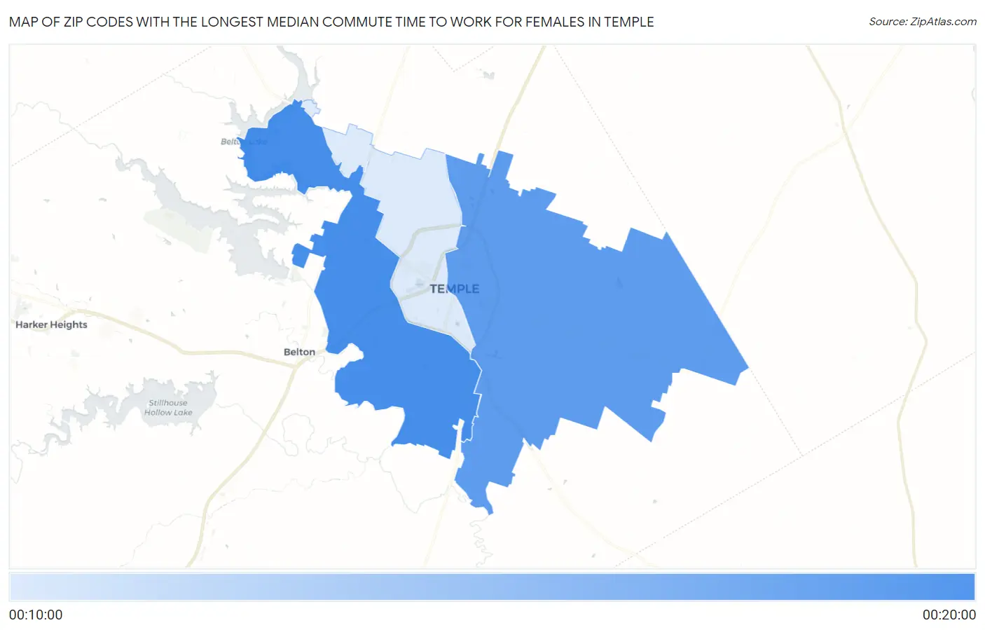Zip Codes with the Longest Median Commute Time to Work for Females in Temple Map