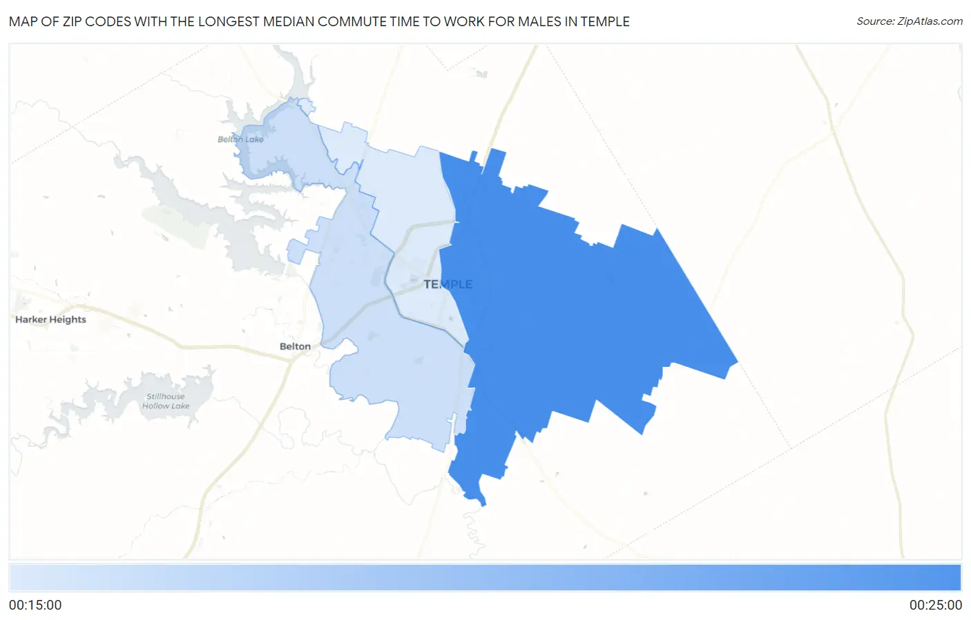 Zip Codes with the Longest Median Commute Time to Work for Males in Temple Map