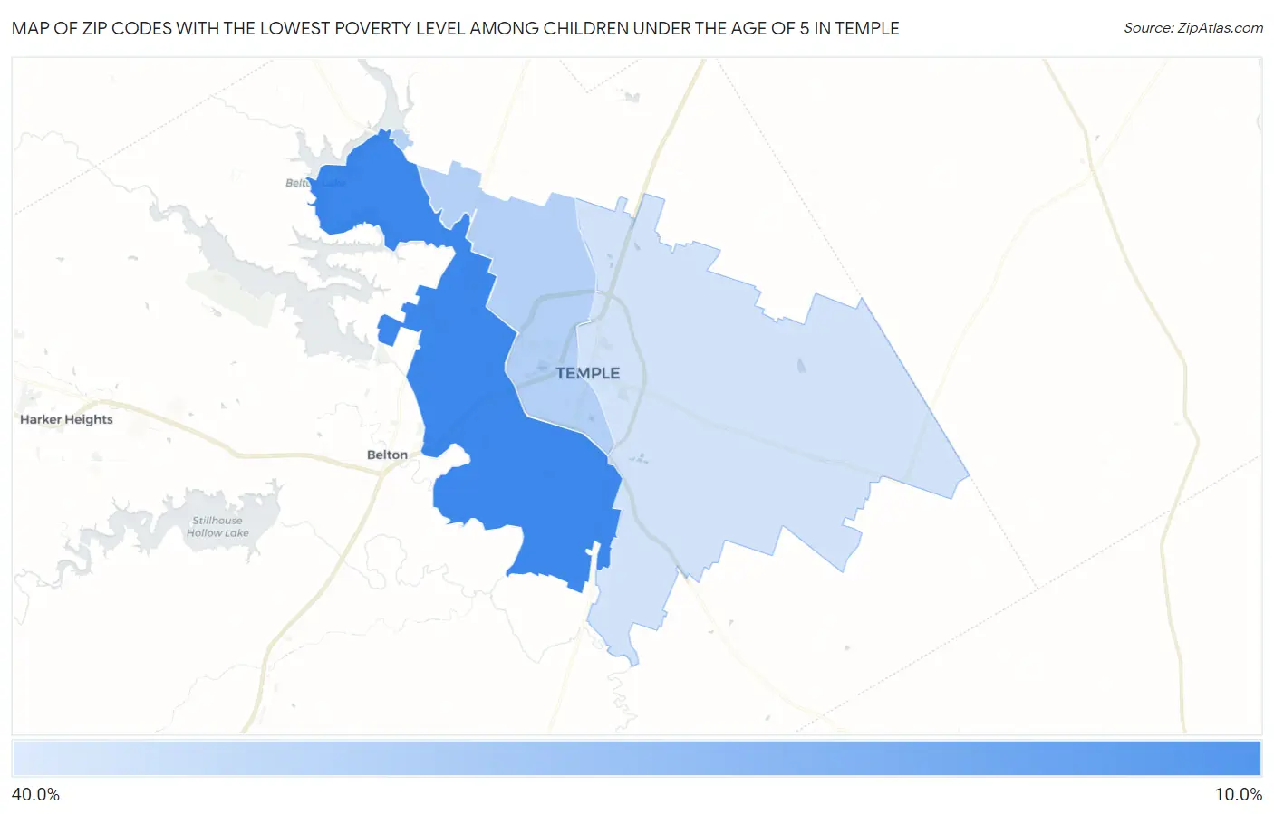Zip Codes with the Lowest Poverty Level Among Children Under the Age of 5 in Temple Map