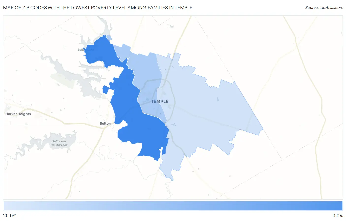 Zip Codes with the Lowest Poverty Level Among Families in Temple Map