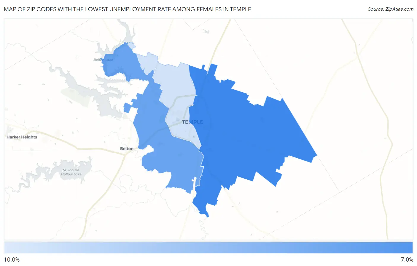 Zip Codes with the Lowest Unemployment Rate Among Females in Temple Map