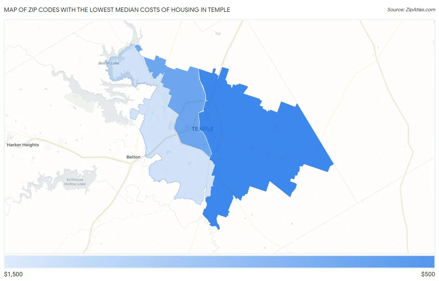 Zip Codes with the Lowest Median Costs of Housing in Temple Map
