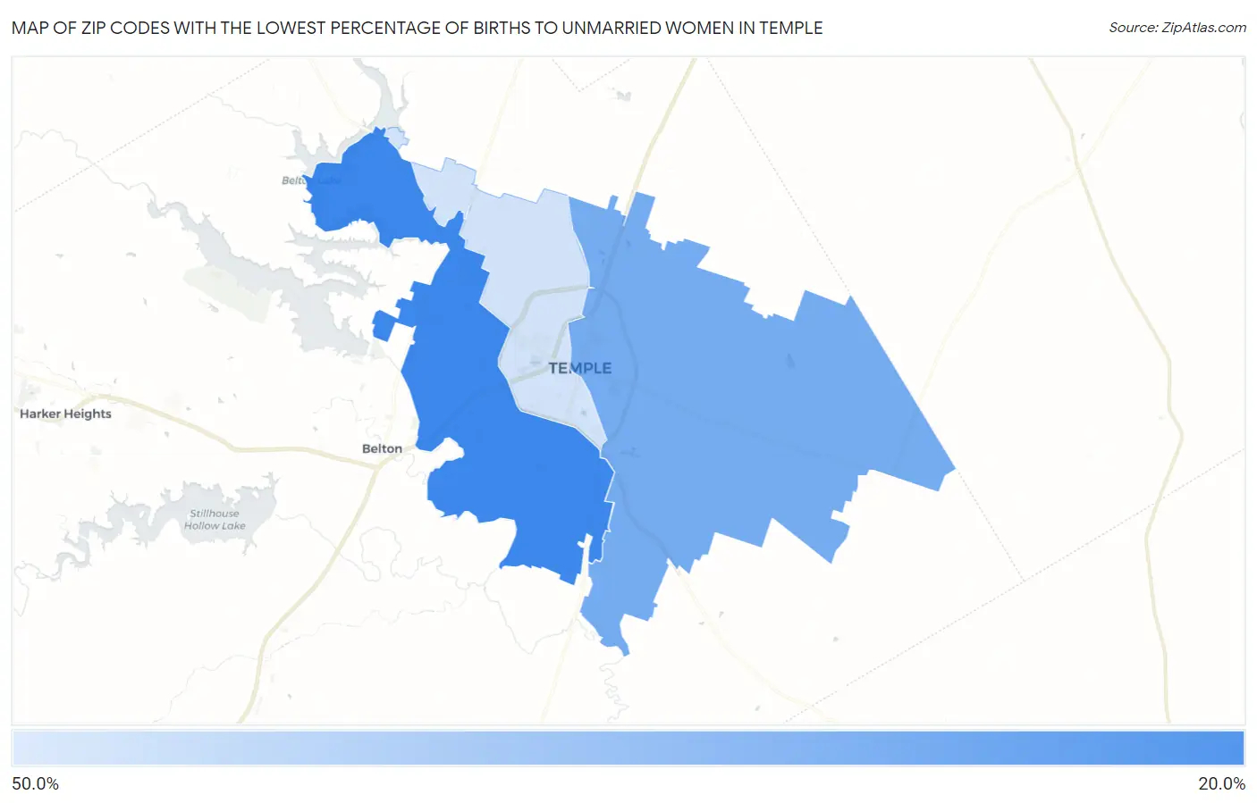 Zip Codes with the Lowest Percentage of Births to Unmarried Women in Temple Map