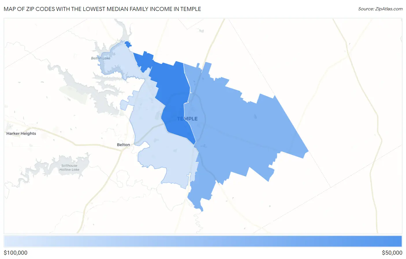 Zip Codes with the Lowest Median Family Income in Temple Map