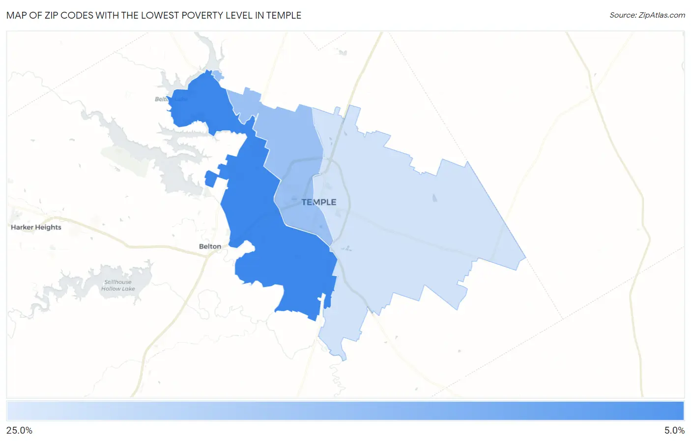 Zip Codes with the Lowest Poverty Level in Temple Map