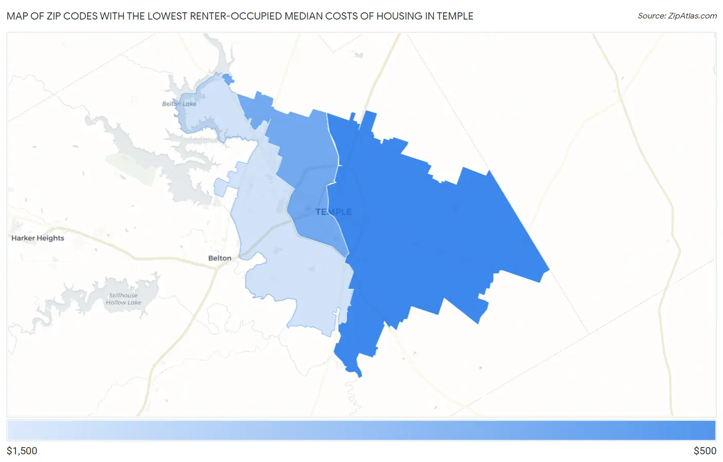Zip Codes with the Lowest Renter-Occupied Median Costs of Housing in Temple Map