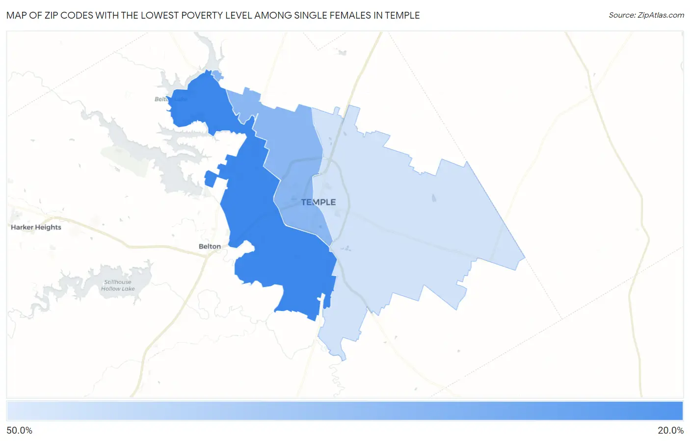 Zip Codes with the Lowest Poverty Level Among Single Females in Temple Map