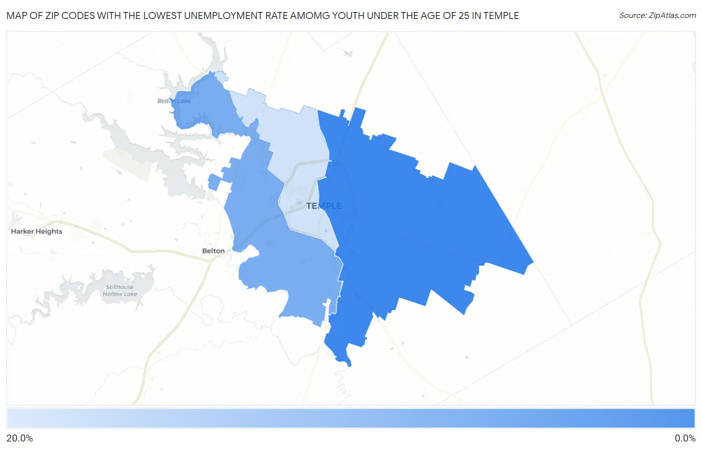 Zip Codes with the Lowest Unemployment Rate Amomg Youth Under the Age of 25 in Temple Map