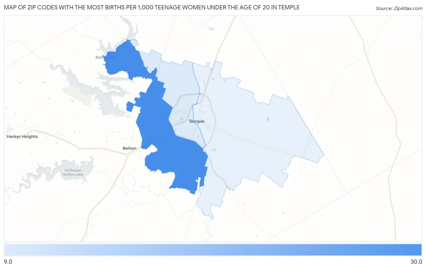 Zip Codes with the Most Births per 1,000 Teenage Women Under the Age of 20 in Temple Map