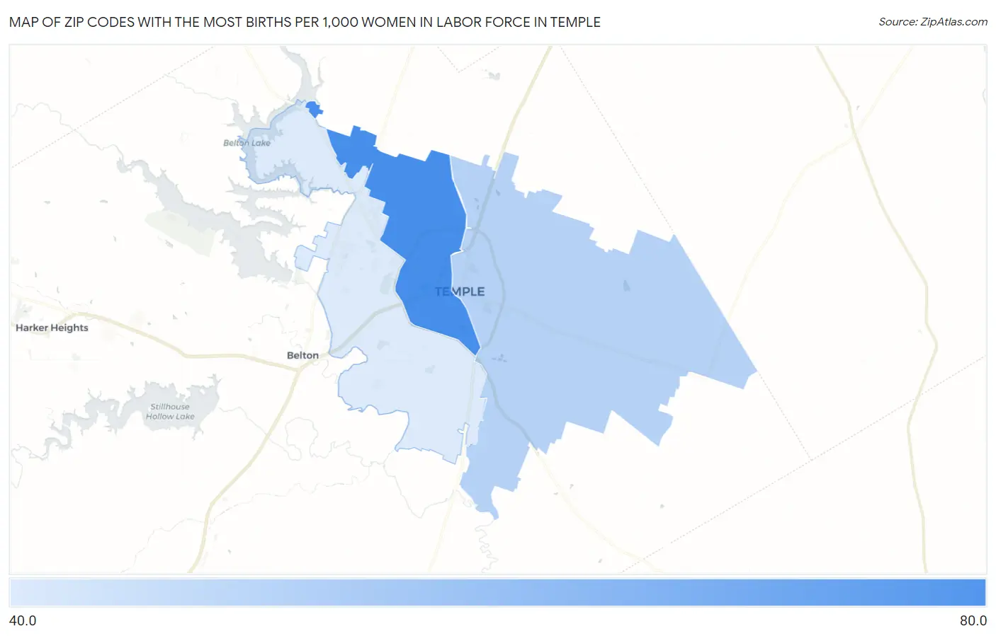 Zip Codes with the Most Births per 1,000 Women in Labor Force in Temple Map