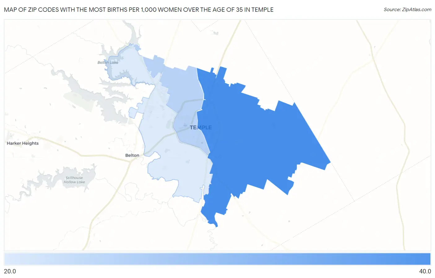 Zip Codes with the Most Births per 1,000 Women Over the Age of 35 in Temple Map
