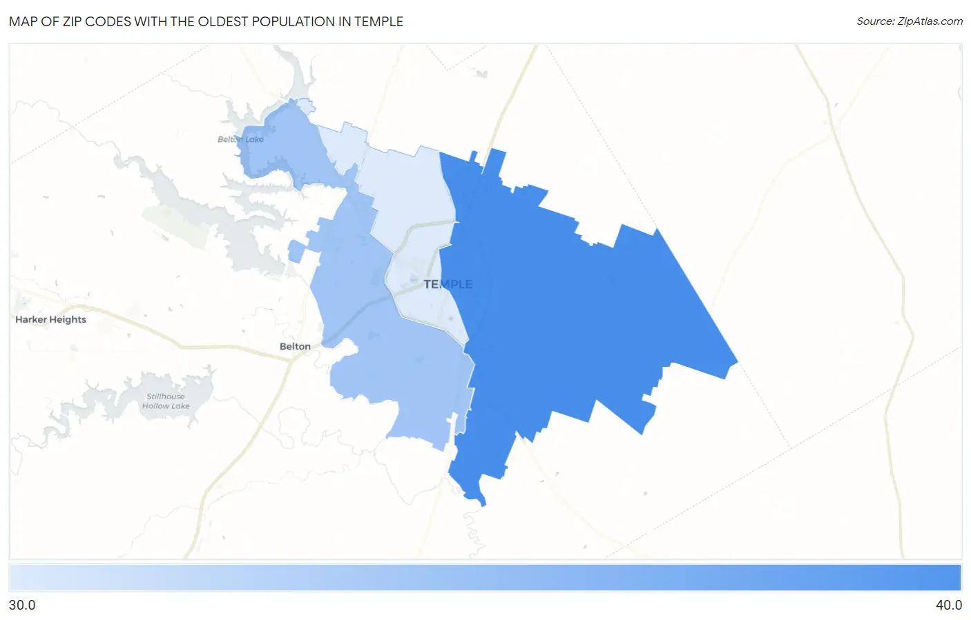 Zip Codes with the Oldest Population in Temple Map