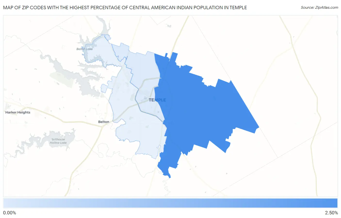 Zip Codes with the Highest Percentage of Central American Indian Population in Temple Map