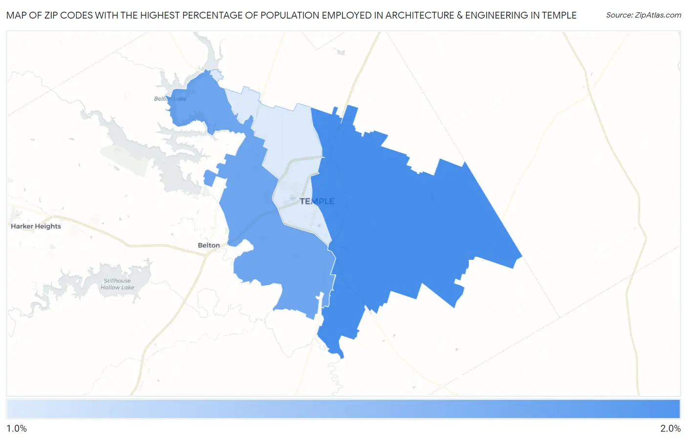 Zip Codes with the Highest Percentage of Population Employed in Architecture & Engineering in Temple Map