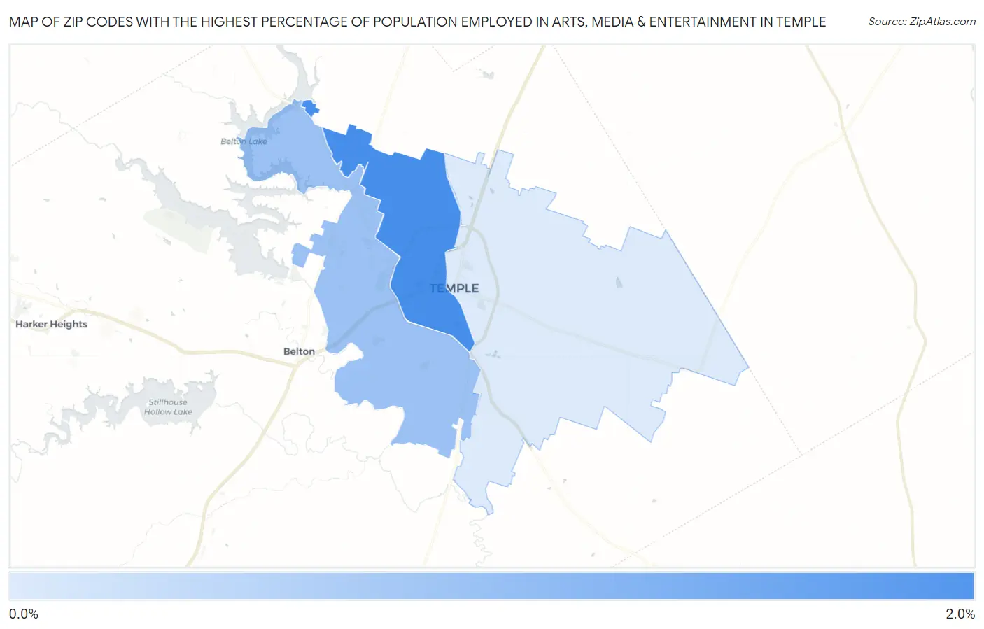 Zip Codes with the Highest Percentage of Population Employed in Arts, Media & Entertainment in Temple Map