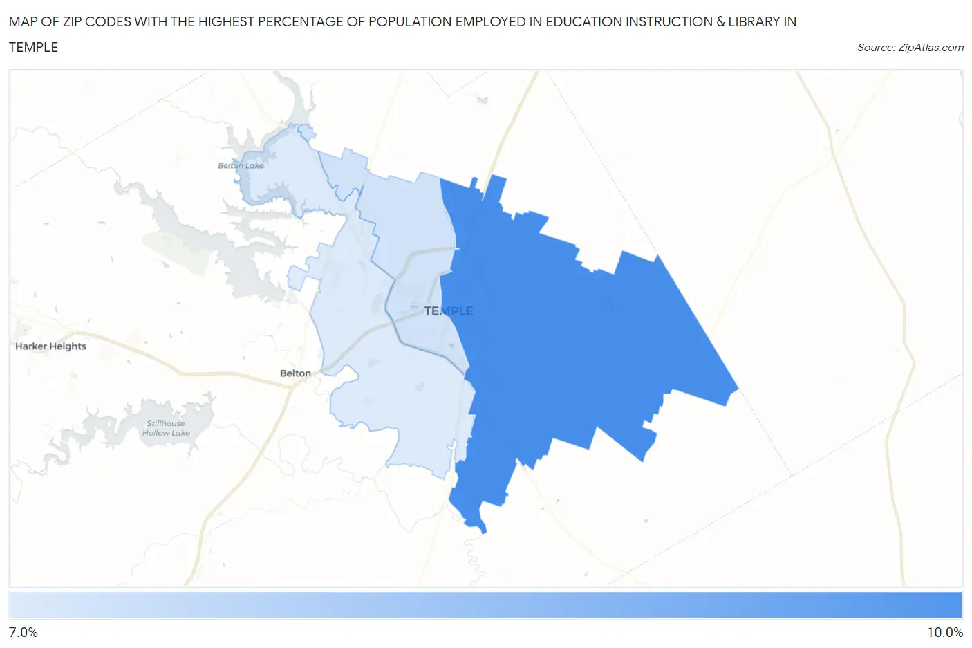 Zip Codes with the Highest Percentage of Population Employed in Education Instruction & Library in Temple Map