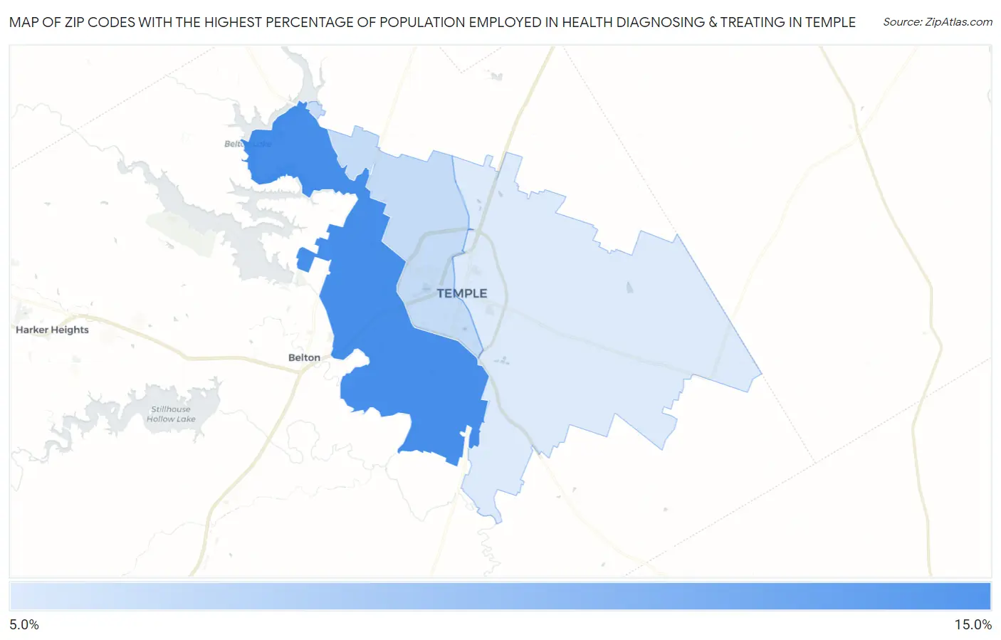Zip Codes with the Highest Percentage of Population Employed in Health Diagnosing & Treating in Temple Map