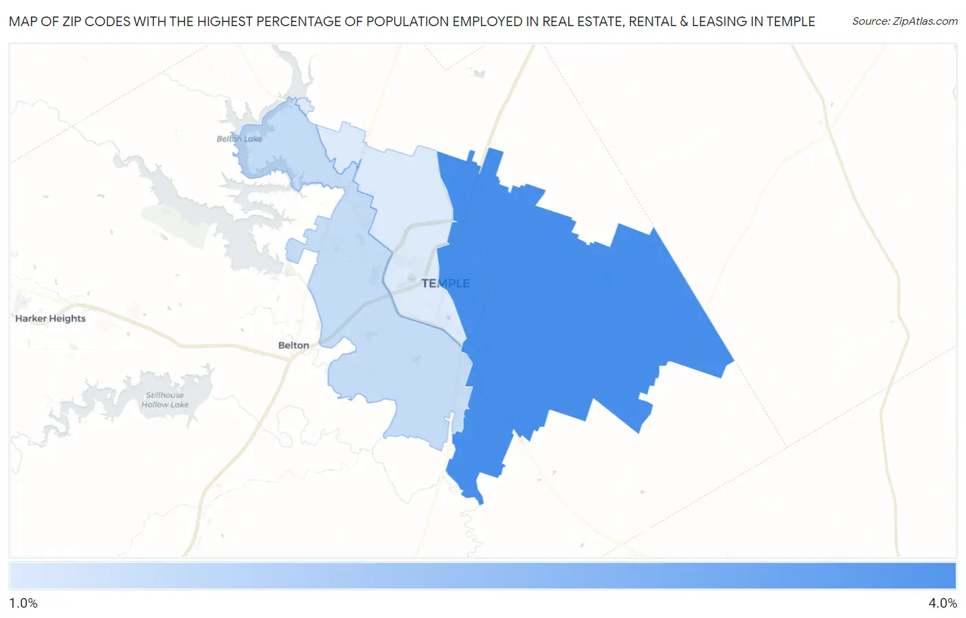 Zip Codes with the Highest Percentage of Population Employed in Real Estate, Rental & Leasing in Temple Map