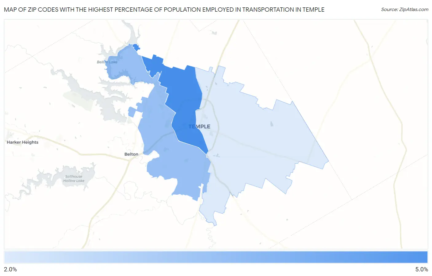 Zip Codes with the Highest Percentage of Population Employed in Transportation in Temple Map