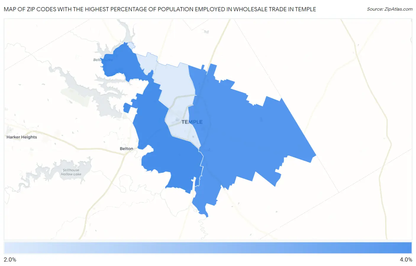 Zip Codes with the Highest Percentage of Population Employed in Wholesale Trade in Temple Map