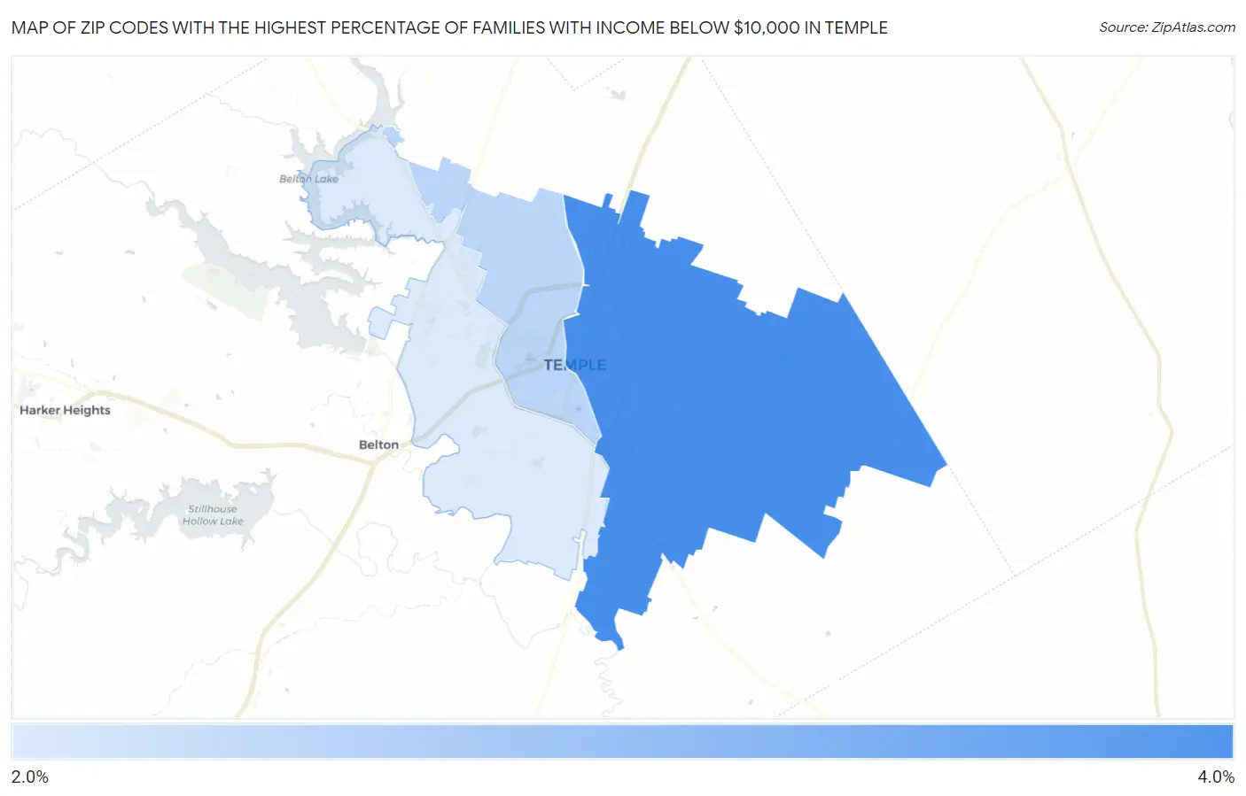 Zip Codes with the Highest Percentage of Families with Income Below $10,000 in Temple Map