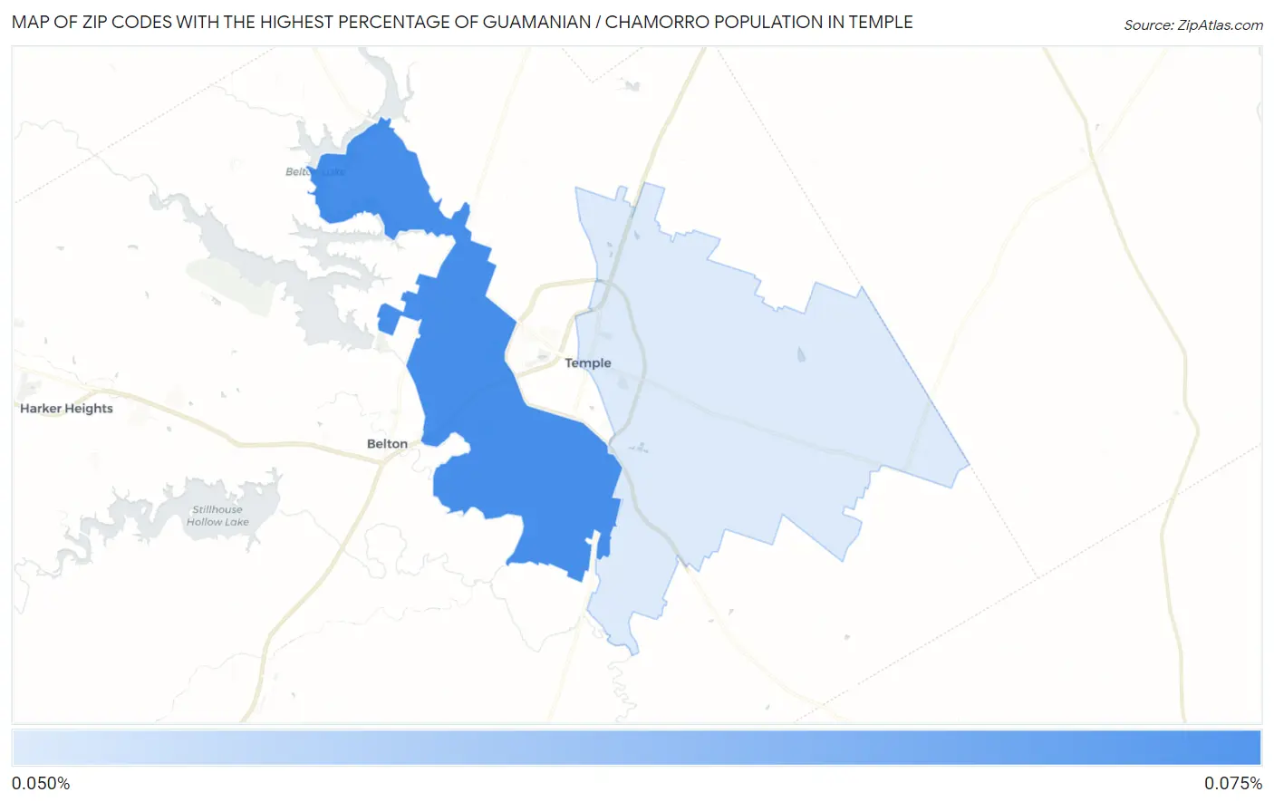 Zip Codes with the Highest Percentage of Guamanian / Chamorro Population in Temple Map