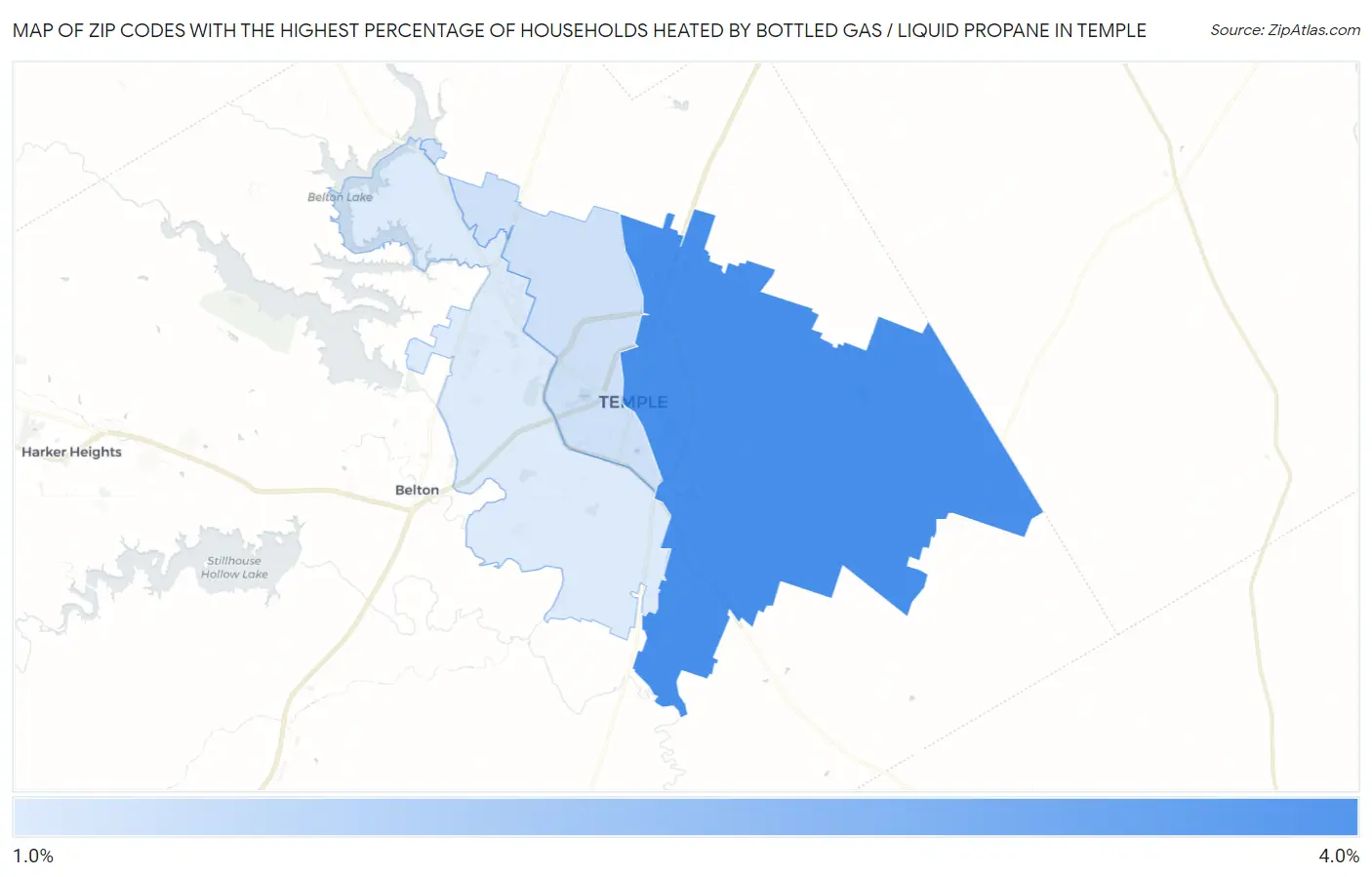 Zip Codes with the Highest Percentage of Households Heated by Bottled Gas / Liquid Propane in Temple Map