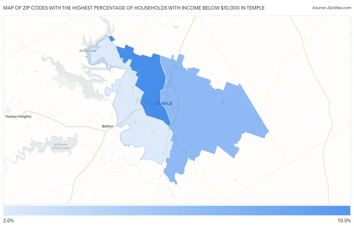 Zip Codes with the Highest Percentage of Households with Income Below $10,000 in Temple Map