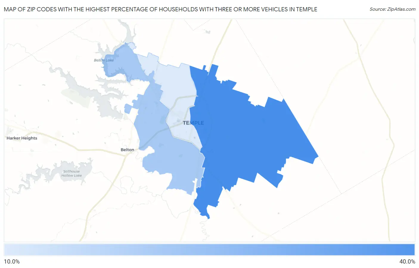 Zip Codes with the Highest Percentage of Households With Three or more Vehicles in Temple Map