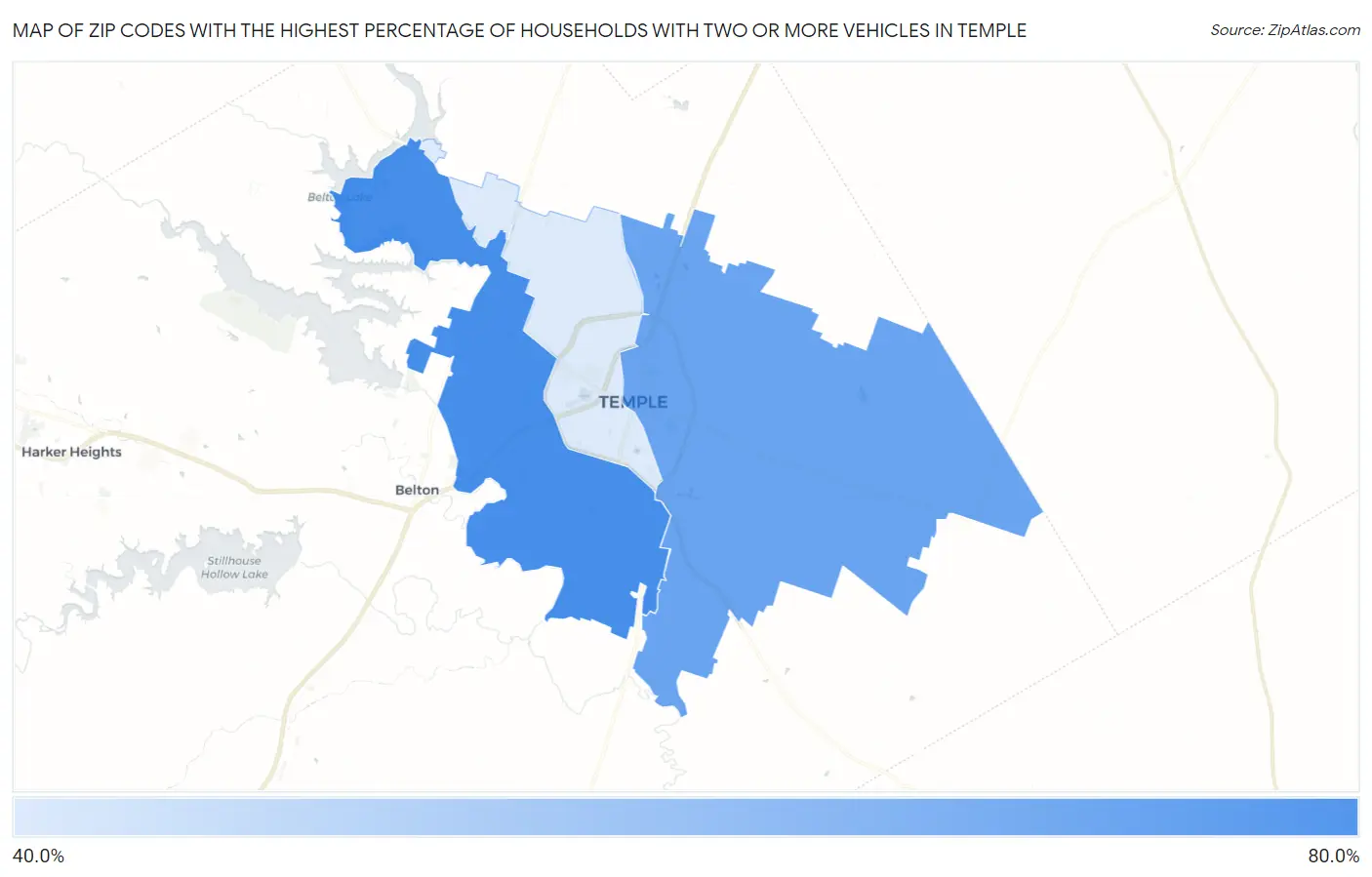 Zip Codes with the Highest Percentage of Households With Two or more Vehicles in Temple Map