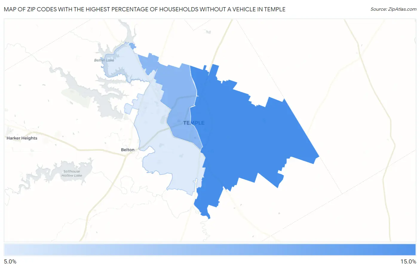 Zip Codes with the Highest Percentage of Households Without a Vehicle in Temple Map