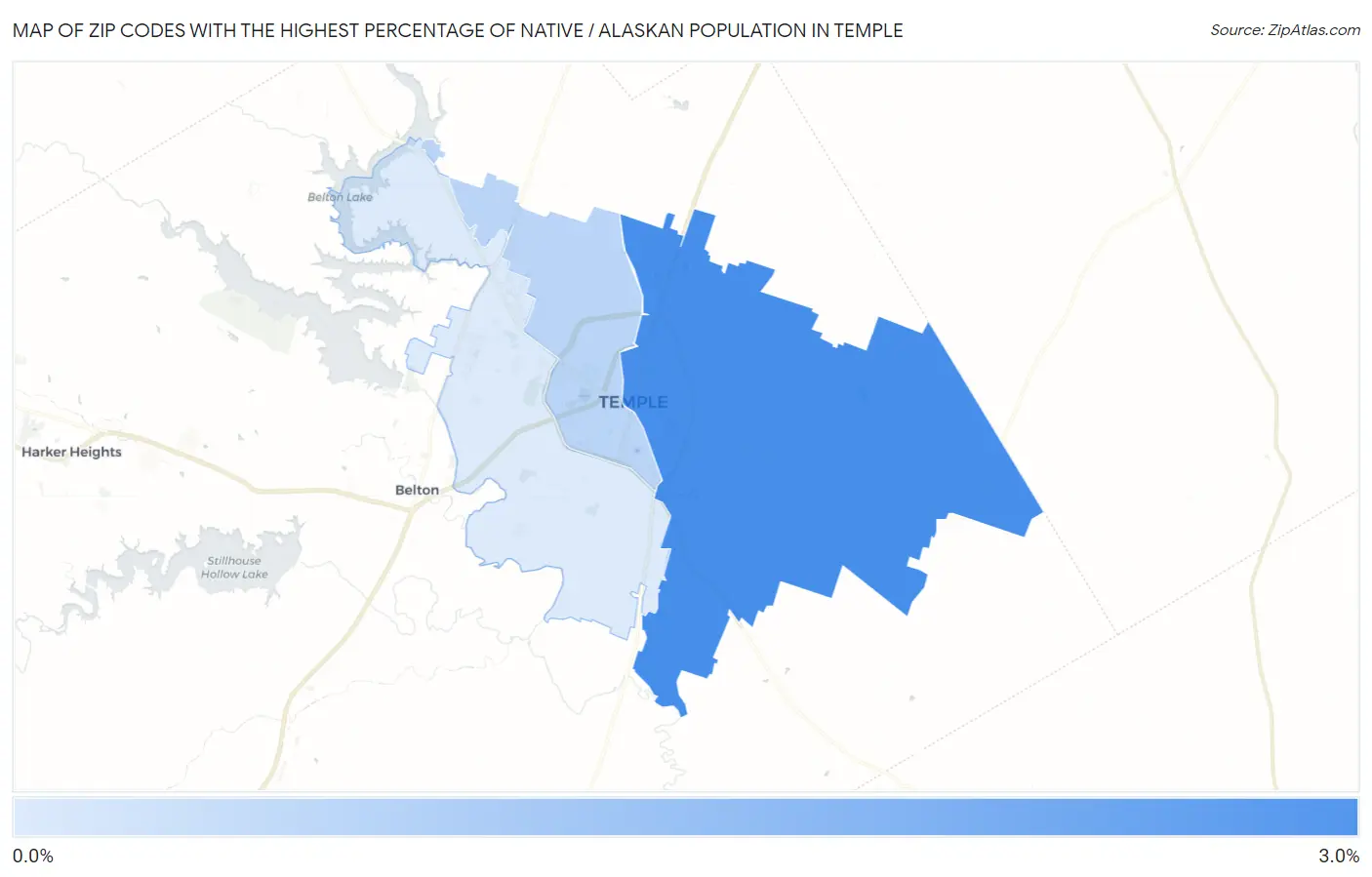 Zip Codes with the Highest Percentage of Native / Alaskan Population in Temple Map