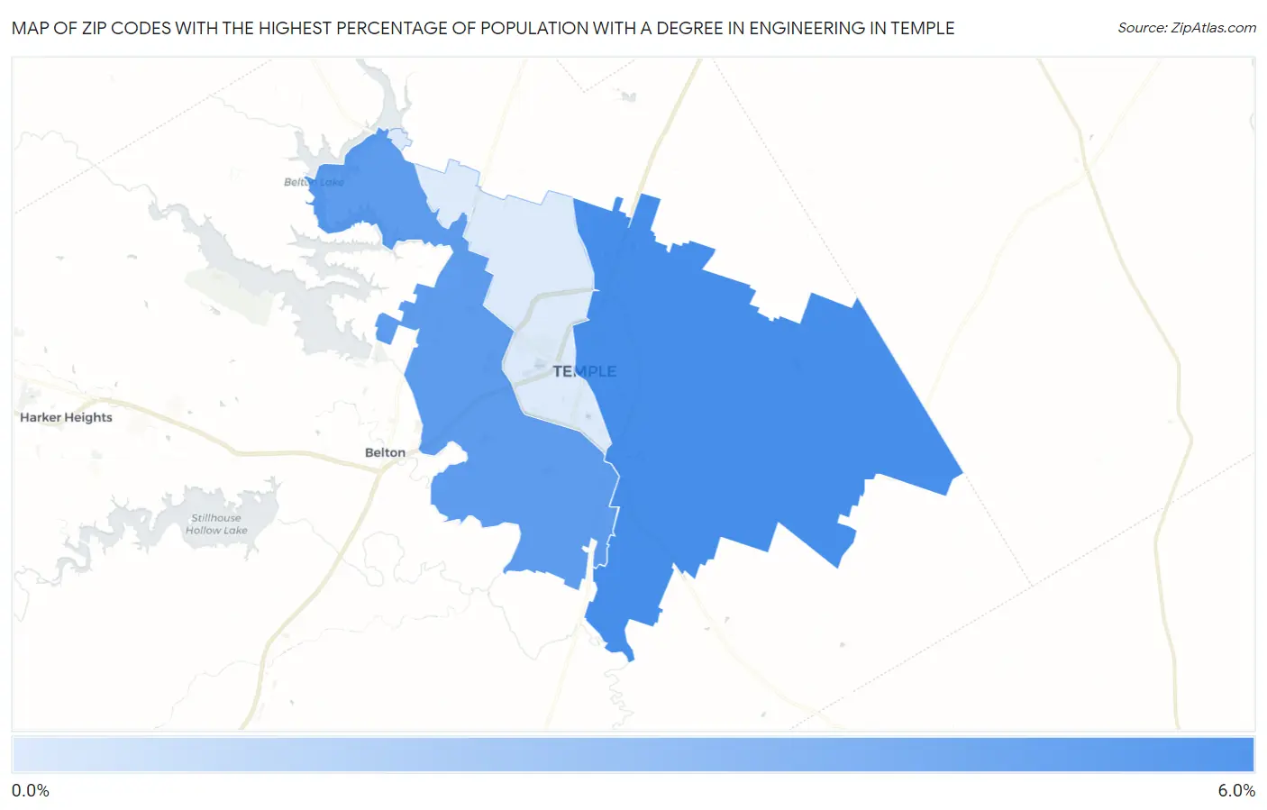 Zip Codes with the Highest Percentage of Population with a Degree in Engineering in Temple Map
