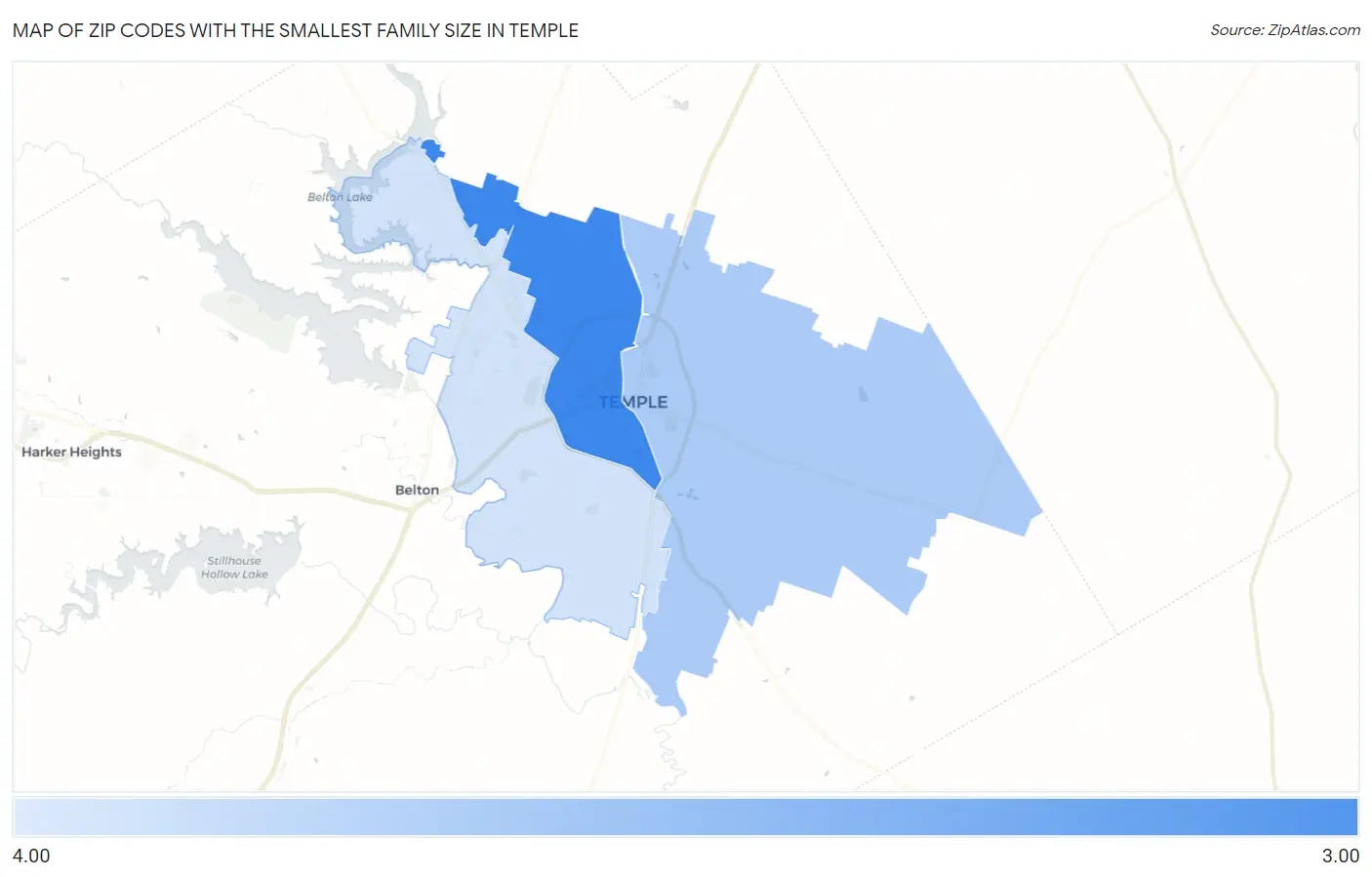 Zip Codes with the Smallest Family Size in Temple Map