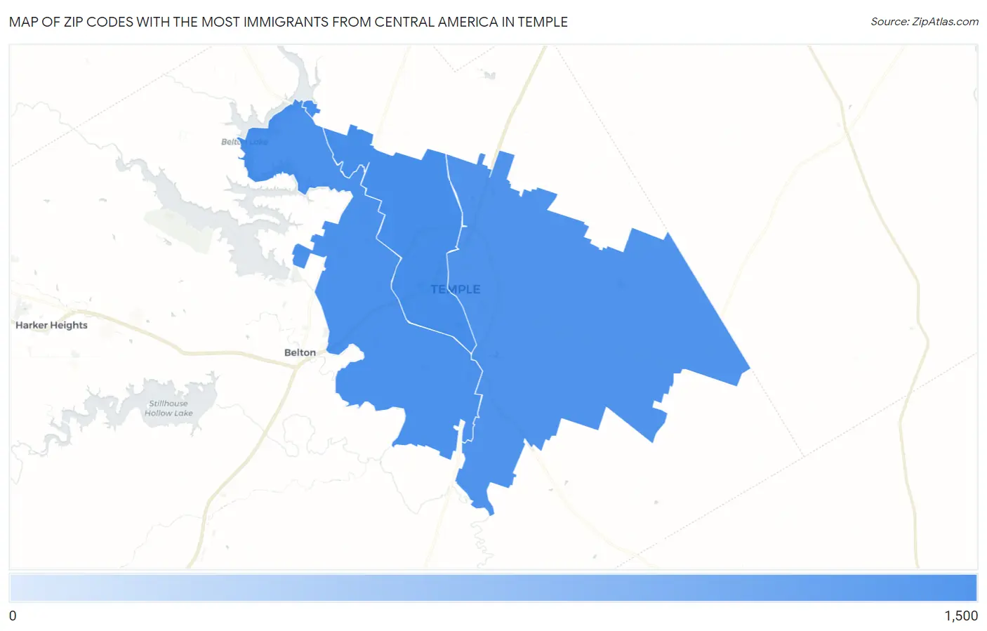 Zip Codes with the Most Immigrants from Central America in Temple Map