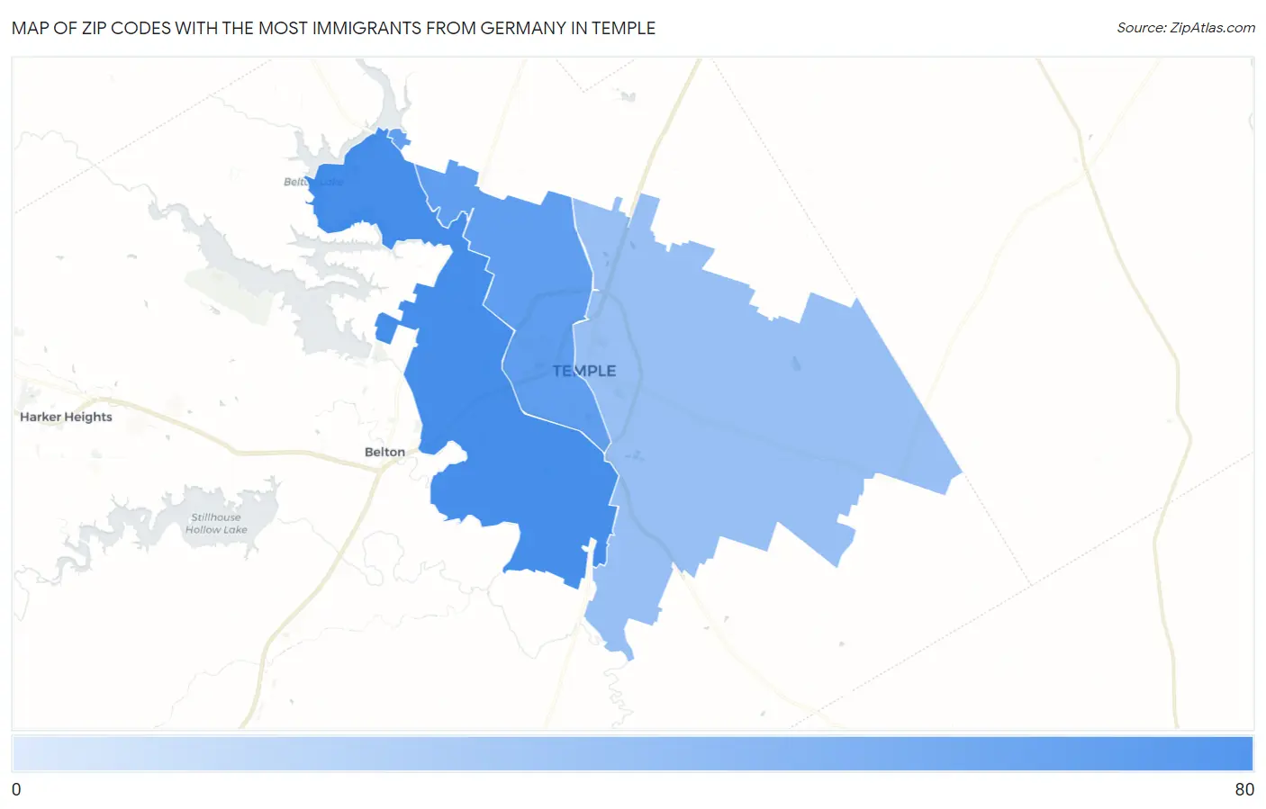 Zip Codes with the Most Immigrants from Germany in Temple Map