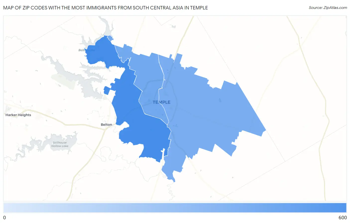 Zip Codes with the Most Immigrants from South Central Asia in Temple Map