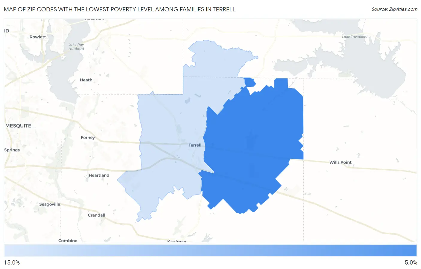 Zip Codes with the Lowest Poverty Level Among Families in Terrell Map