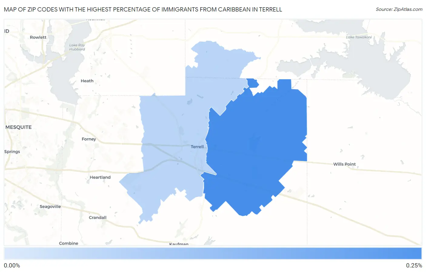 Zip Codes with the Highest Percentage of Immigrants from Caribbean in Terrell Map
