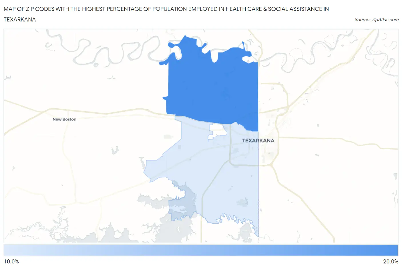 Zip Codes with the Highest Percentage of Population Employed in Health Care & Social Assistance in Texarkana Map